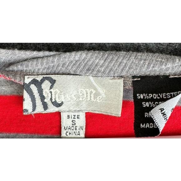 Miss Me Small Top Striped Red Gray Bling Asymetrical Shark Hem Chevron Top - Picture 2 of 8